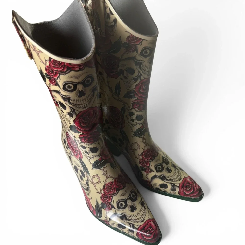 Goth Cowgirl Nomad Western Size 7 Skull Rose Rubber Rain Boots Womens Punk Green